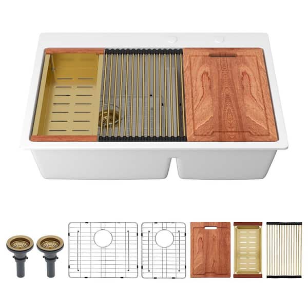 Apex2 33 in. Drop-In Quartz/Granite Composite 60/40 Split Double Bowl Kitchen Sink Workstation in White with Accessories