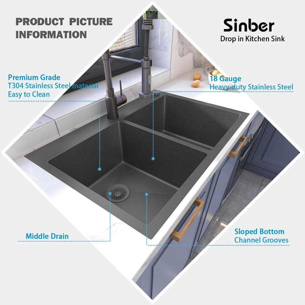 Sinber 33" Black Stainless Steel Double Bowl Kitchen Sink with Drainboard