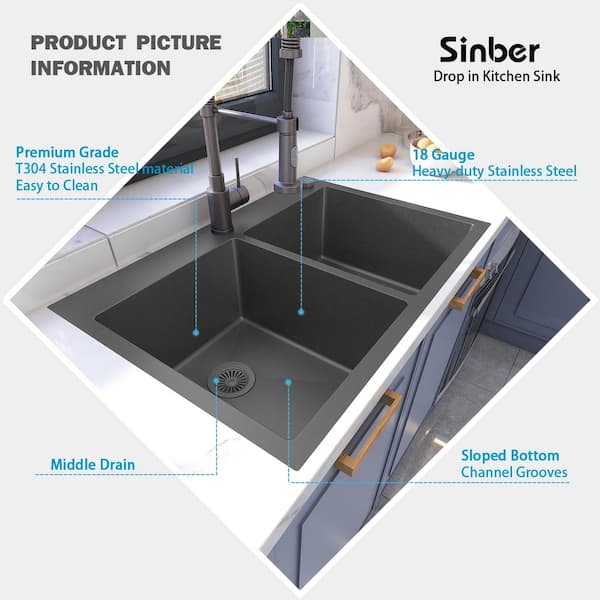 Sinber 33 in. Drop-In Double Bowl 18-Gauge Black 304 Stainless
