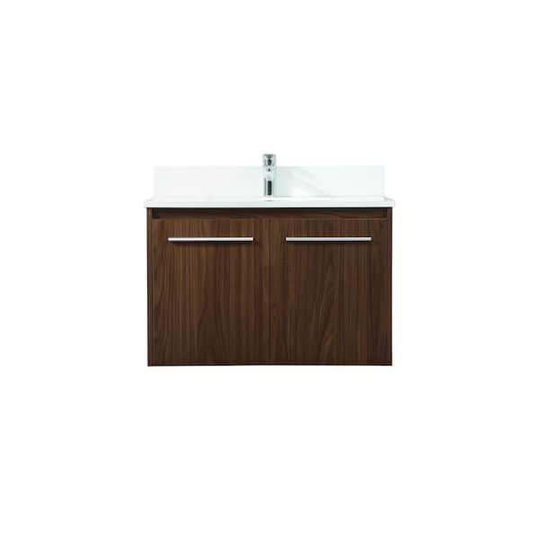 Unbranded Simply Living 30 in. W x 18 in. D x 19.7 in. H Bath Vanity in Walnut with Ivory White Engineered Marble Top