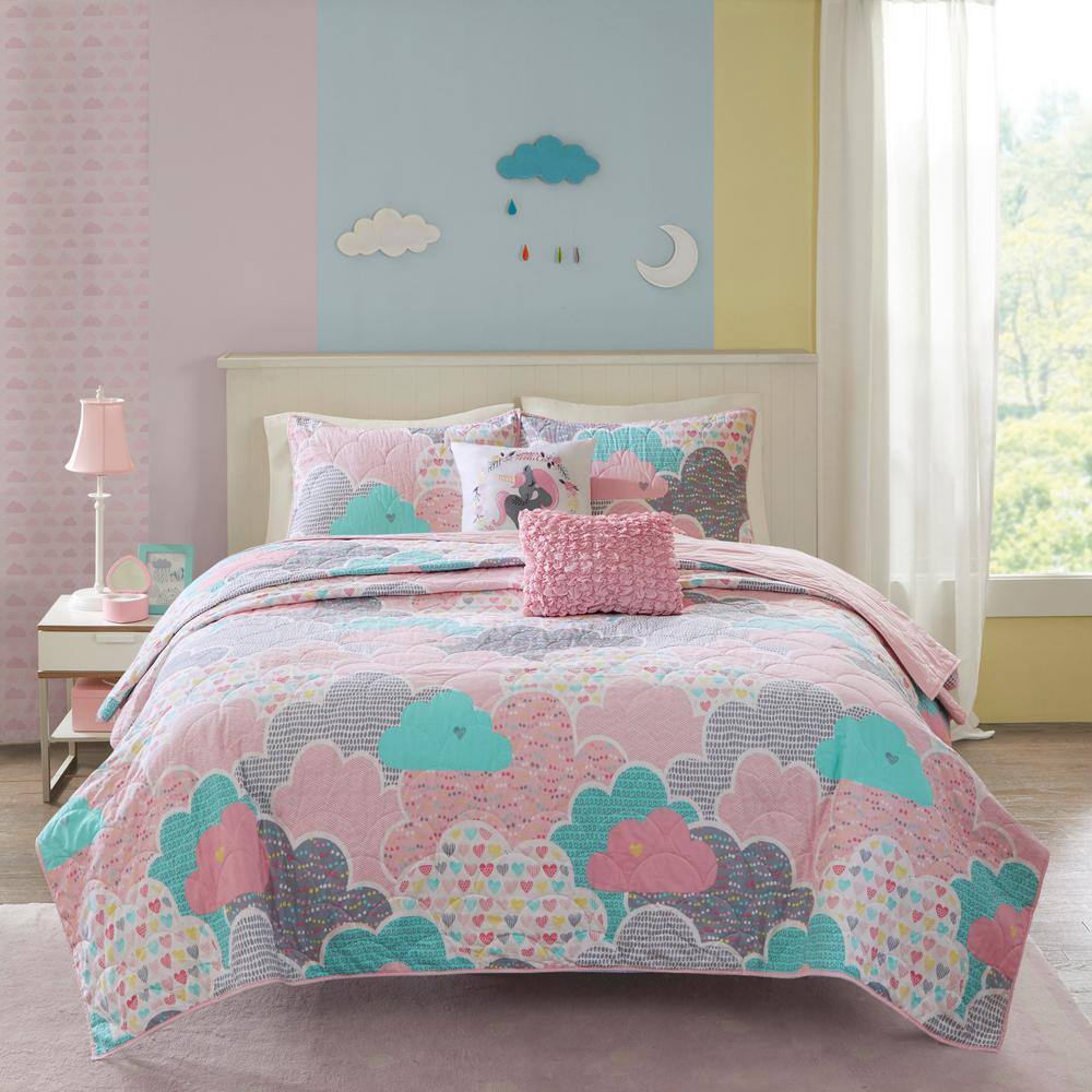 Pink Cotton Twin Reversible Cloud Coverlet Set