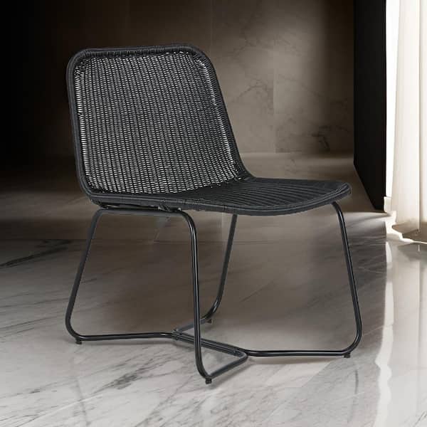 Benjara Black Metal Frame Indoor-Outdoor Accent Chair with Resin Wicker Design