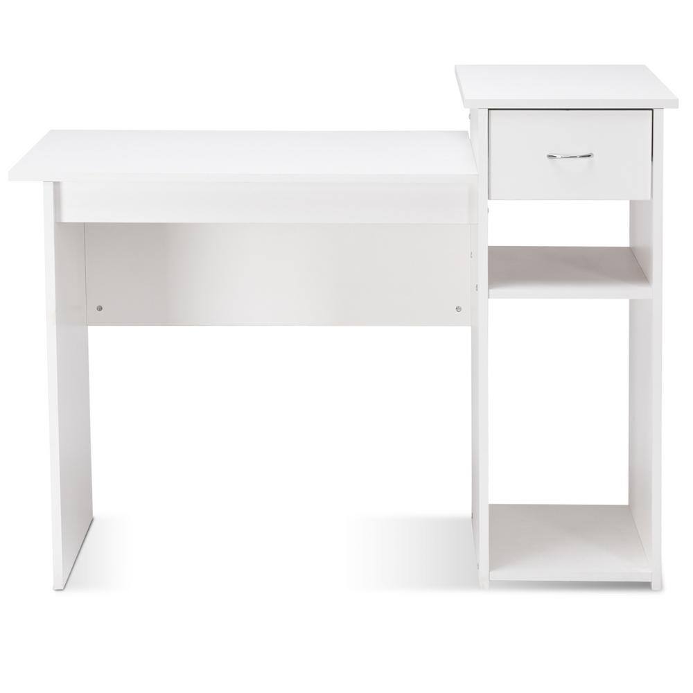 Elegant White Wooden Computer Desk with Drawer and Shelves