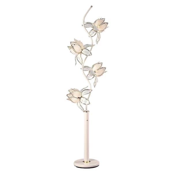 ORE International 73 in. Gold Floral Etch Glass Tree Garden White Metal Floor Lamp