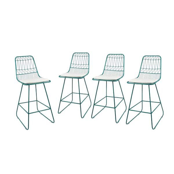 Noble House Niez 42 in. Teal Bar Stool with Ivory Cushions (Set of 4)