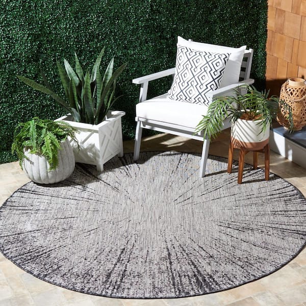 Courtyard Gray/Black 7 ft. x 7 ft. Floral Abstract Indoor/Outdoor Round Area Rug