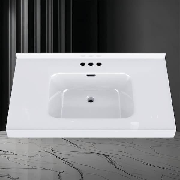 NTQ 37 in. W x 22 in. D Solid Surface White Vanity Top Rectangular Single Sink Bathroom Vanity Top in Glossy White