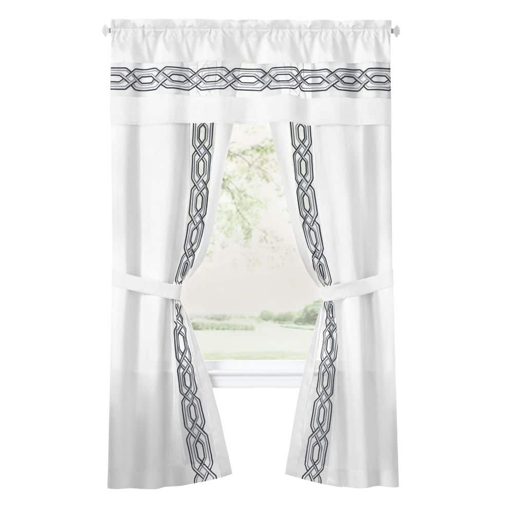 White Geometric Embroidered Sheer 5-Piece Curtain Set