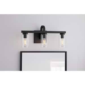 Kendall Manor 22 in. 3 Light Matte Black Bathroom Vanity Light with Clear Glass Shades
