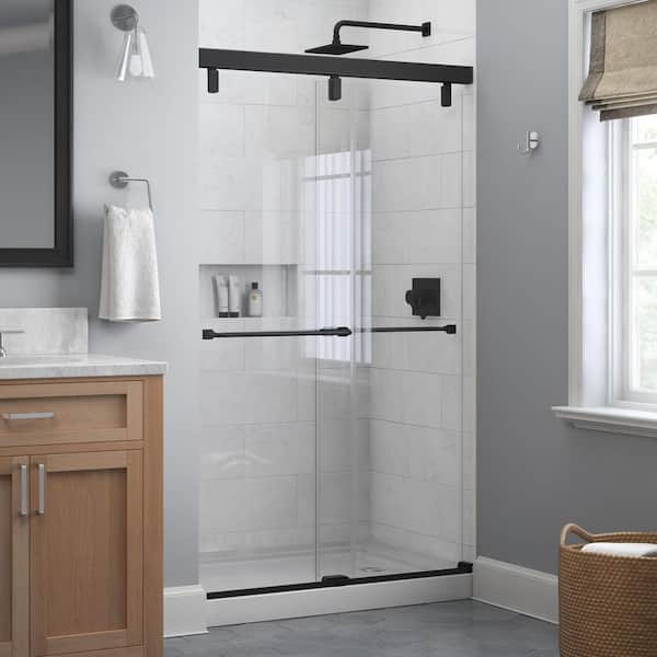 Delta Everly 48 in. x 71-1/2 in. Mod Semi-Frameless Sliding Shower Door in Matte Black and 1/4 in. (6mm) Clear Glass