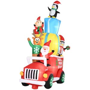 9 ft. LED Animatronic Santa Claus Drives a Gift Car with Elk, Elf and 2 Penguins Inflatable Halloween