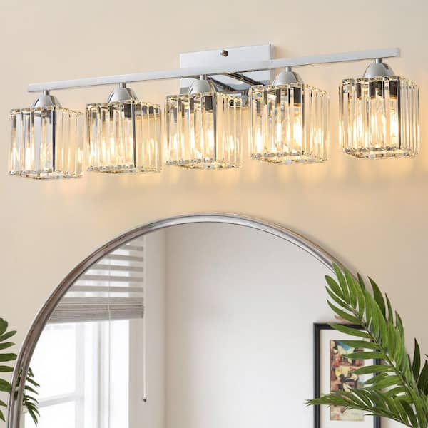 29.61 in. 5-Light Chrome Vanity Light with Crystal Shades, Modern Luxury Bathroom Vanity Light
