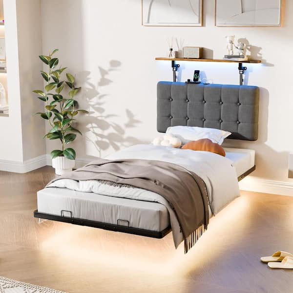 Gray Twin Size Floating Metal Bed Frame with Hanging Linen Headboard