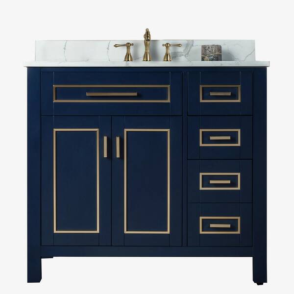 WOODBRIDGE Millan 37 in.W x 22 in.D x 38 in.H Bath Vanity in Navy Blue with Fish Belly Engineered stone Vanity Top with White Sink