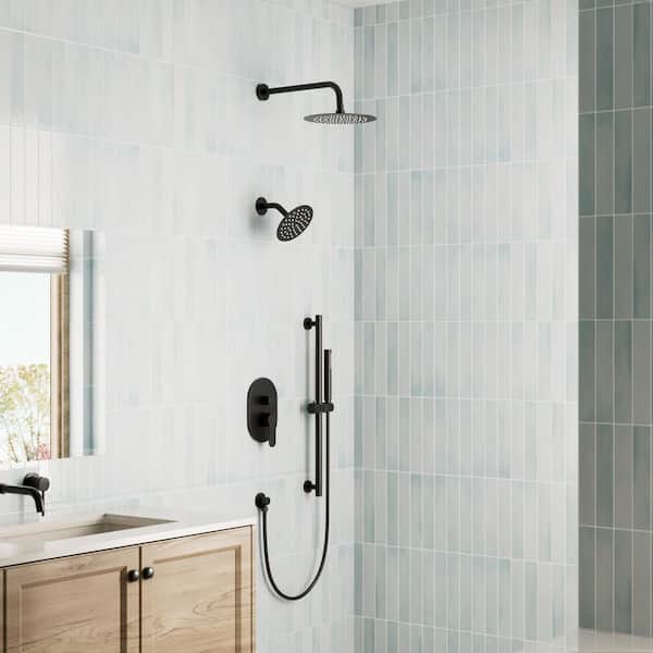 Crozet 3-Spray 10 in. Wall Mount Dual Fixed and Handheld Shower Head Shower Faucet Hand Shower 2.5 GPM in Matte Black