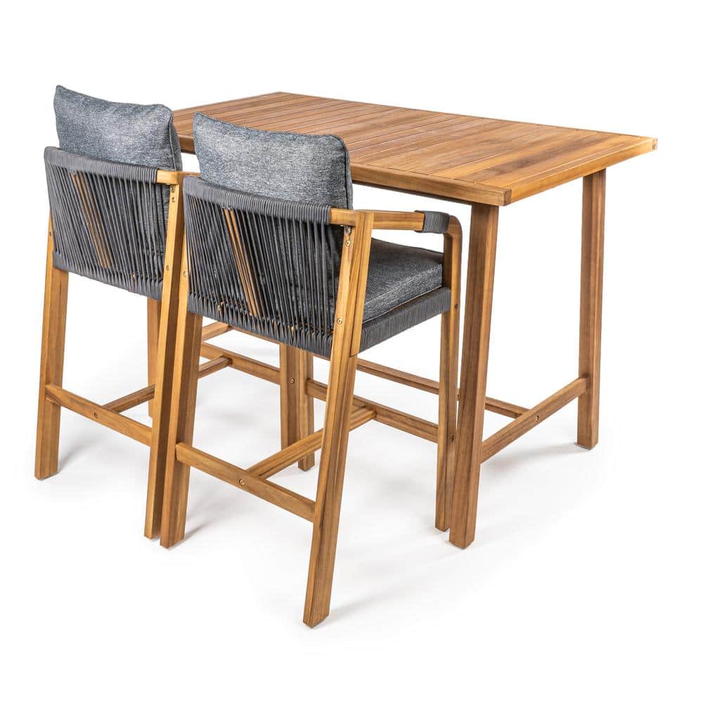 Gray and Teak Brown Acacia Wood 3-Piece Outdoor Bar Set