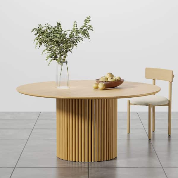 Round Oak Wood 60 in. W Column Base Dining Table Seats 6