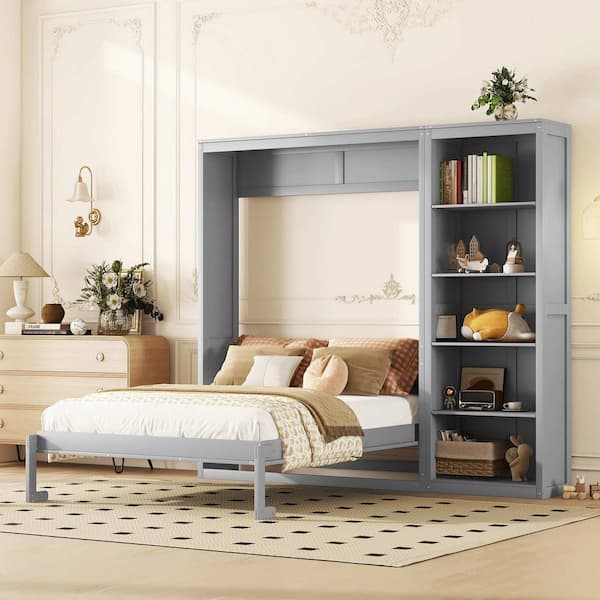 Gray Wood Frame Queen Murphy Bed with Shelves