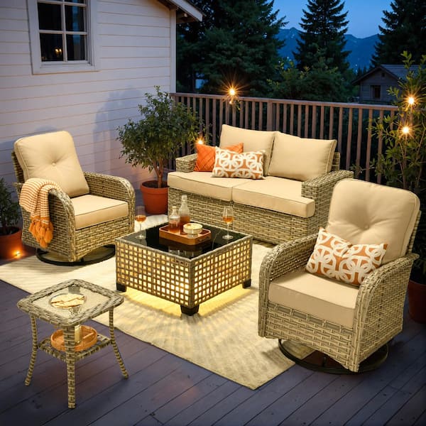 OVIOS Tiberte Gray 6-Piece Wicker Patio Conversation Seating Set with Beige Cushions and Swivel Chairs