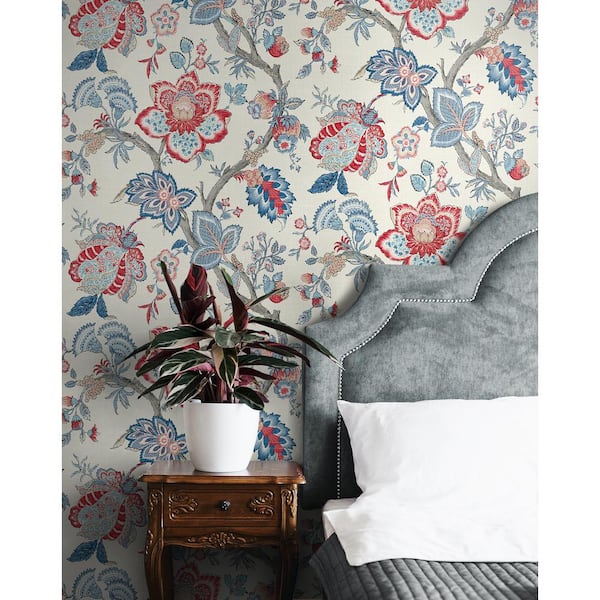 French Blue and Antique Ruby Bernadette Jacobean Paper Unpasted Nonwoven Wallpaper Roll 60.75 sq. ft.