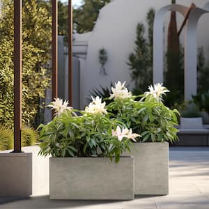 Modern 12 in., 16 in. High Large Tall Elongated Square Light Gray Outdoor Cement Planter Plant Pots Set of 2