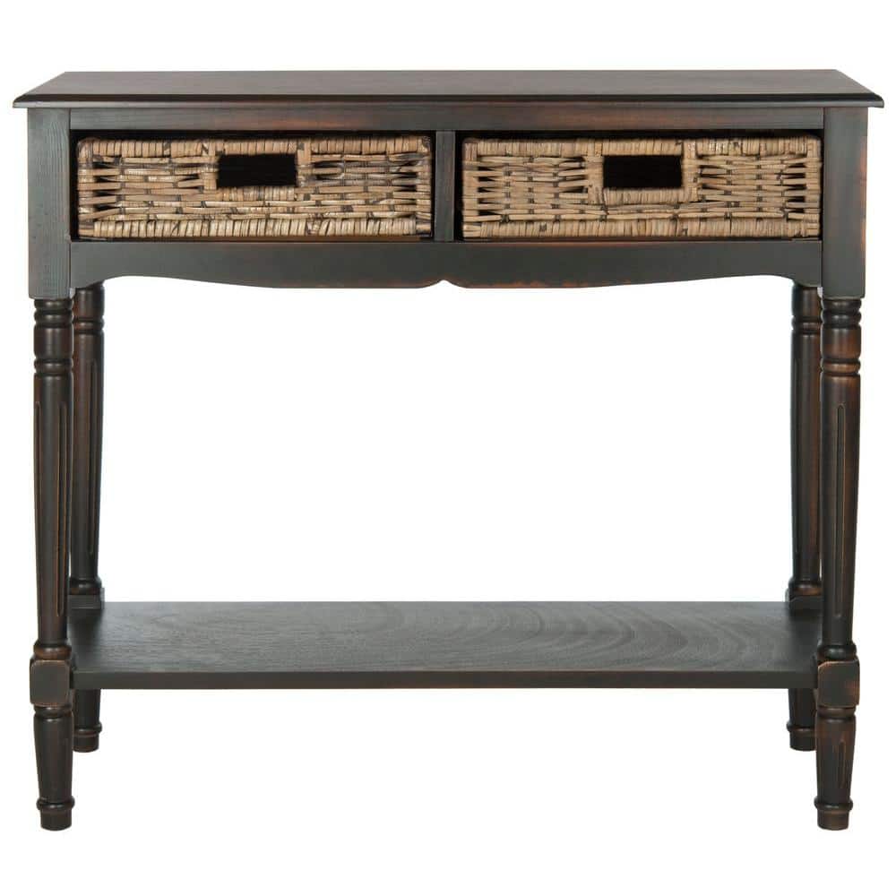Transitional Brown Pine Console Table with Rattan Drawers