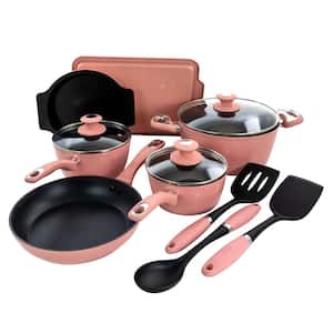 Lynhurst 12 Piece Nonstick Aluminum Cookware Set in Pink with Kitchen Tools