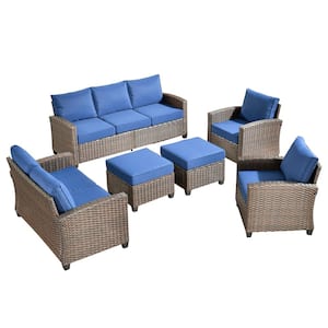 Solidago Brown 6-Piece Wicker Outdoor Patio Conversation Seating Set with Navy Blue Cushions