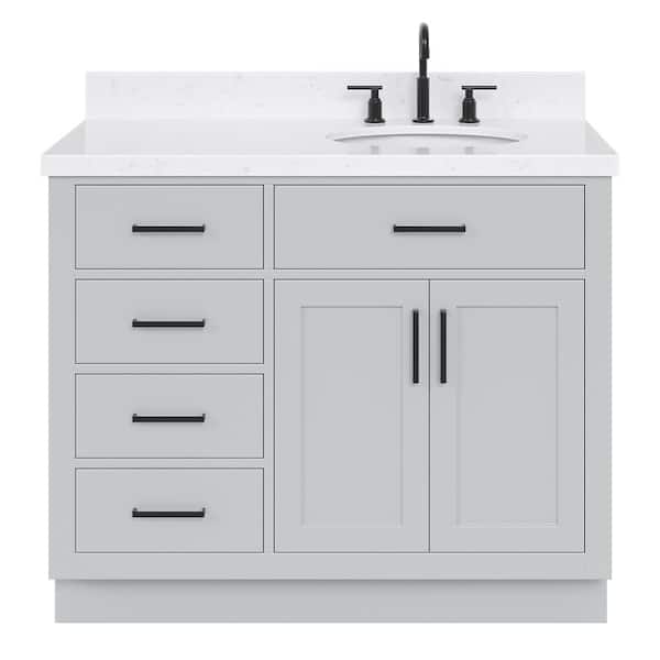 Hepburn 42 in. Single Sink Freestanding Bathroom Vanity in Gray with Carrara White Quartz Top