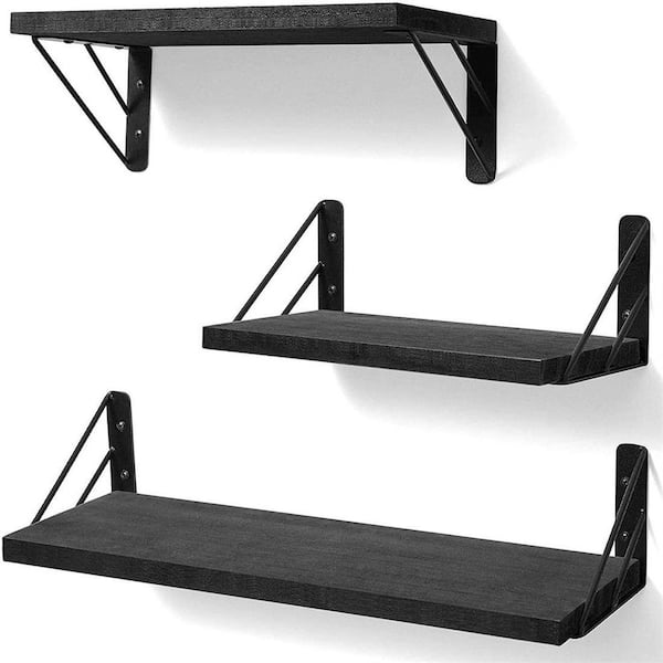 Cubilan 5.5 in. x 16.5 in. x 4.6 in. Black Wood Floating Decorative Wall Shelves with Metal Brackets (Set of 3)