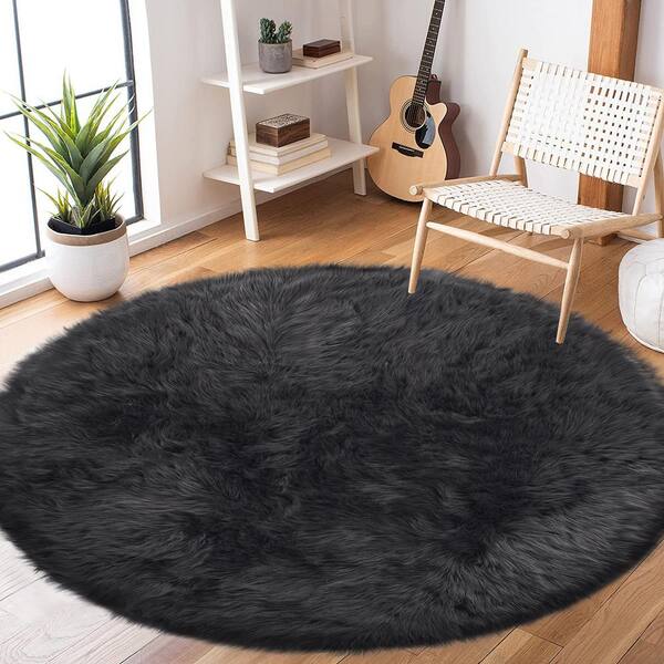 Latepis Sheepskin Faux Furry Black Cozy Rugs 8 ft. x 10 ft. Area Rug