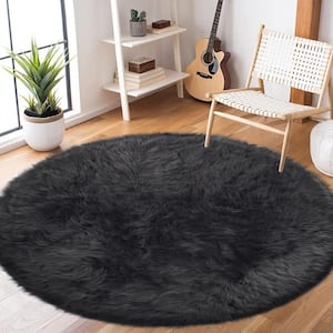 Sheepskin Faux Furry Dark Gray Fluffy Rugs 6 ft. 6 in. Round Area Rug