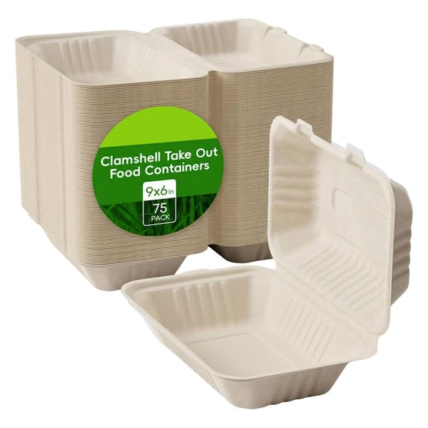 Eco-Friendly Sugarcane Disposable Clamshell Food Containers with Lids, Oil Resistant, 75-Pack, Compostable