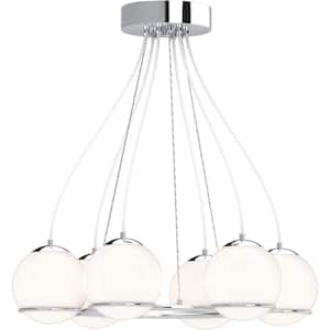 Preston Chrome Integrated LED Indoor Hanging Chandelier with Etched White Cased Glass Sphere Globe Shades