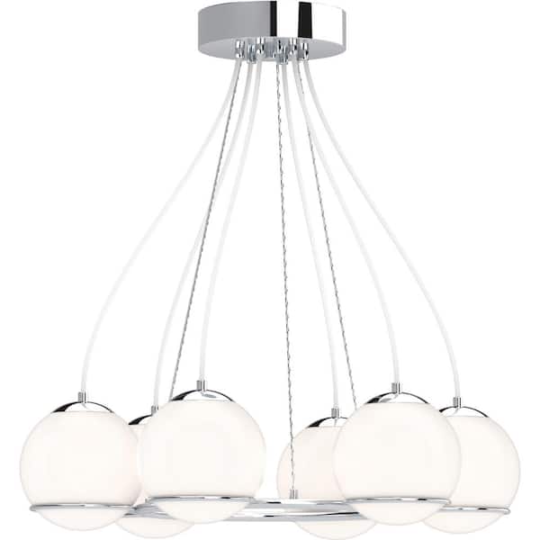 Volume Lighting Preston Chrome Integrated LED Indoor Hanging Chandelier with Etched White Cased Glass Sphere Globe Shades