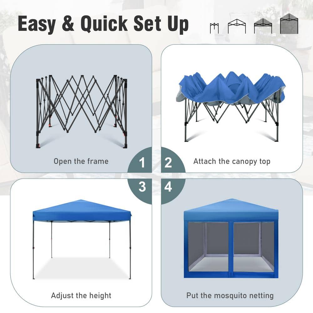Blue 10' x 10' Pop-Up Canopy with Netting and Roller Bag