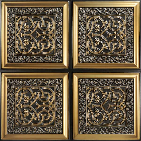 FROM PLAIN TO BEAUTIFUL IN HOURS Lover's Knot Antique Gold 2 ft. x 2 ft. PVC Glue Up Faux Tin Ceiling Tile (200 sq. ft./case)