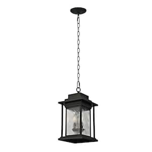 2-Light Transitional Outdoor Pendant with Watered Glass, Dark Bronze