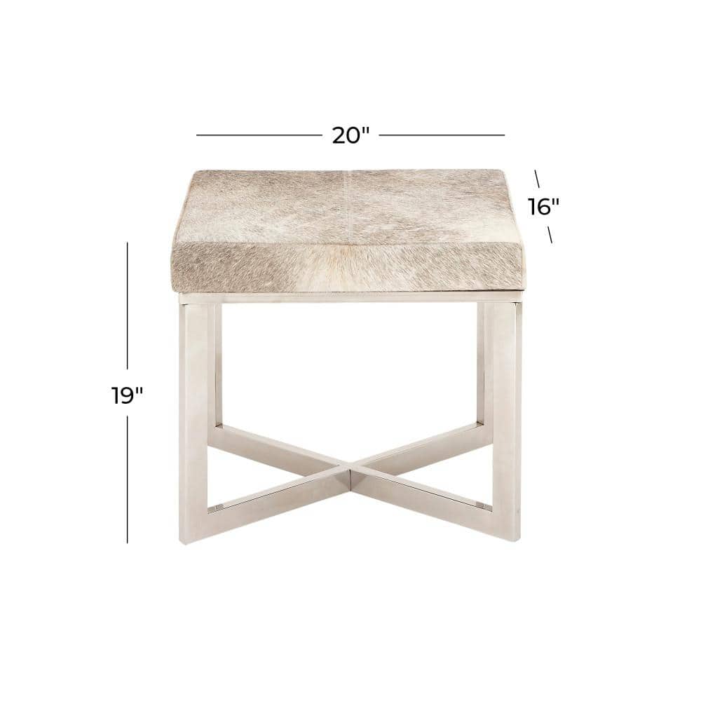 Silver Hair on Hide Upholstered Stool with Steel X-Base