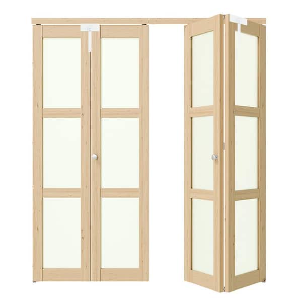 72 in. x 80 in. 3-Lite Frosted Glass Solid Core Light Brown Pine Wood Bi-fold Doors with Locks, Handles and Accessories