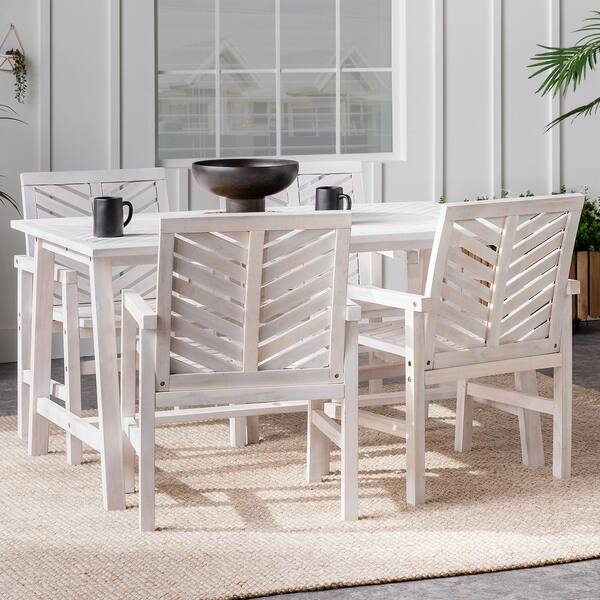 Walker Edison Furniture Company White Wash 5 Piece Acacia Wood Boho Outdoor Dining Set