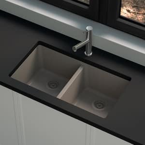 Stonehaven 33 in. Undermount 50/50 Double Bowl Taupe Ice Granite Composite Kitchen Sink with Taupe Strainer
