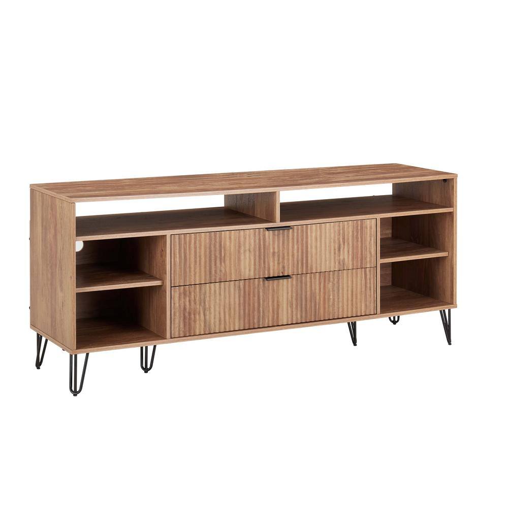 Golden Brown Mid-Century Modern TV Stand with Cabinet and Shelves