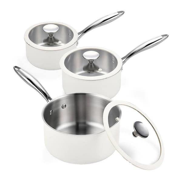 1.5 qt. 2.5 qt. and 3 qt. Tri-Ply Stainless Steel Nonstick Sauce Pan Set in White with Lids Induction Ready, 6 Pieces