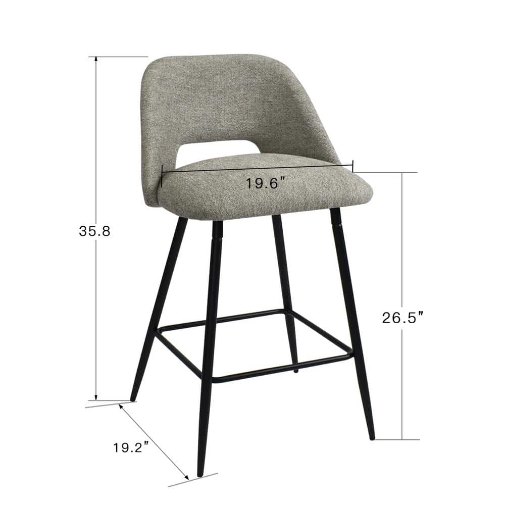 Light Gray Upholstered Counter Height Stools with Black Metal Frame, Set of 2