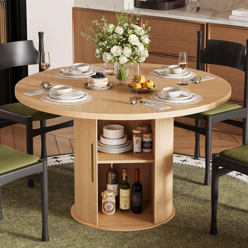 Beige Wood 47.2 in. Pedestal Base Dining Table Seats 4 with Fluted Base and Storage