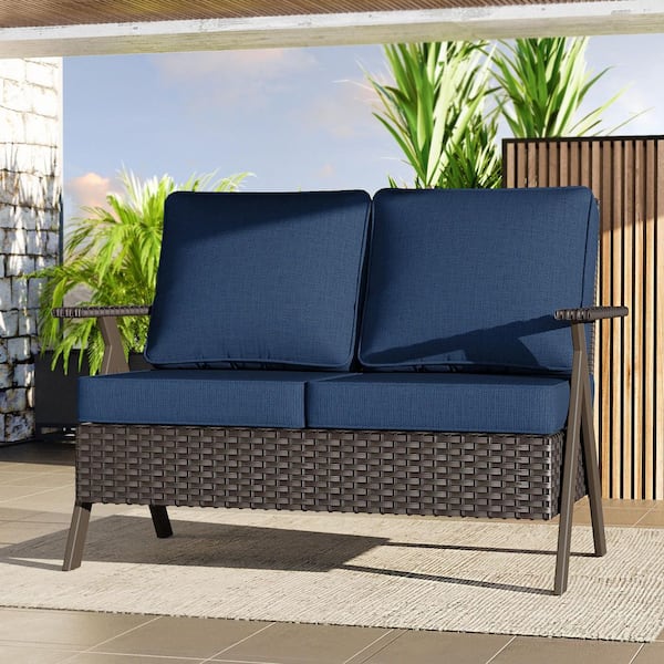 R-Shaped Armrest Brown Wicker Outdoor Patio Couch with Blue Cushions