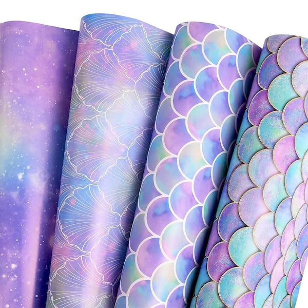 Mermaid Scale Scallop Galaxy Gift Wrapping Paper 4-Styles 12-Sheets 20 x 29 in. for All Occasions