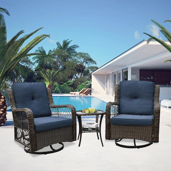Unbranded 3-Piece Brown Wicker Patio Conversation Set with Swivel Rocking Chairs and Coffee Table with Navy Blue Cushions