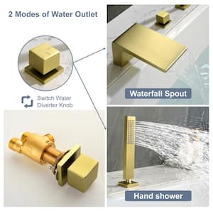 Single-Handle Deck-Mount Roman Tub Faucet with waterfall and Hand Shower in Brushed Gold